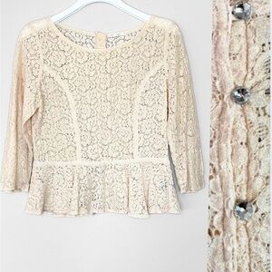 Cottagecore Women L Lace Peplum Top with Faux Diamond Buttons Ivory Victorian